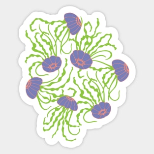 JELLIES Gently Swimming Jellyfish Coastal Ocean Undersea Aquarium Sea Creatures in 1970s Retro Purple Green on Hot Pink - UnBlink Studio by Jackie Tahara Sticker